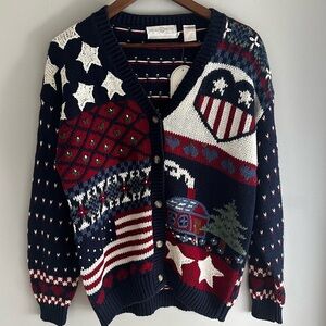 NWT Vintage Cape Isle Knitters USA Themed Hand Embroidered Cardigan Cotton B Med